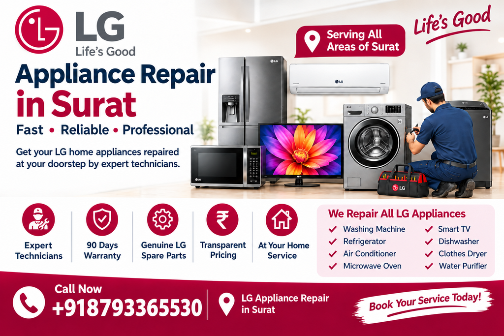 Get Reliable LG Home Appliance Repair Service In Surat At Your Doorstep. Our Experienced Technicians Provide Professional Repair And Maintenance Services For LG Washing Machines, Refrigerators, Air Conditioners, Microwave Ovens, And Other LG Home Appliances. We Carefully Inspect And Diagnose Appliance Problems, Recommend Suitable Repair Solutions, Use Quality Spare Parts, And Complete Repairs With Efficient Service At Affordable And Transparent Charges. Our Goal Is To Provide Convenient, Dependable, And Professional LG Appliance Repair Services Across Surat. LG Appliance Repair Surat